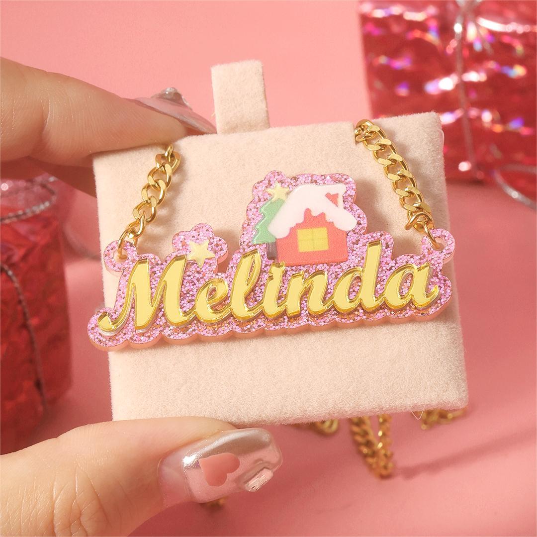 Cute Christmas House Acrylic Cuban Chain Personalized Name Necklace