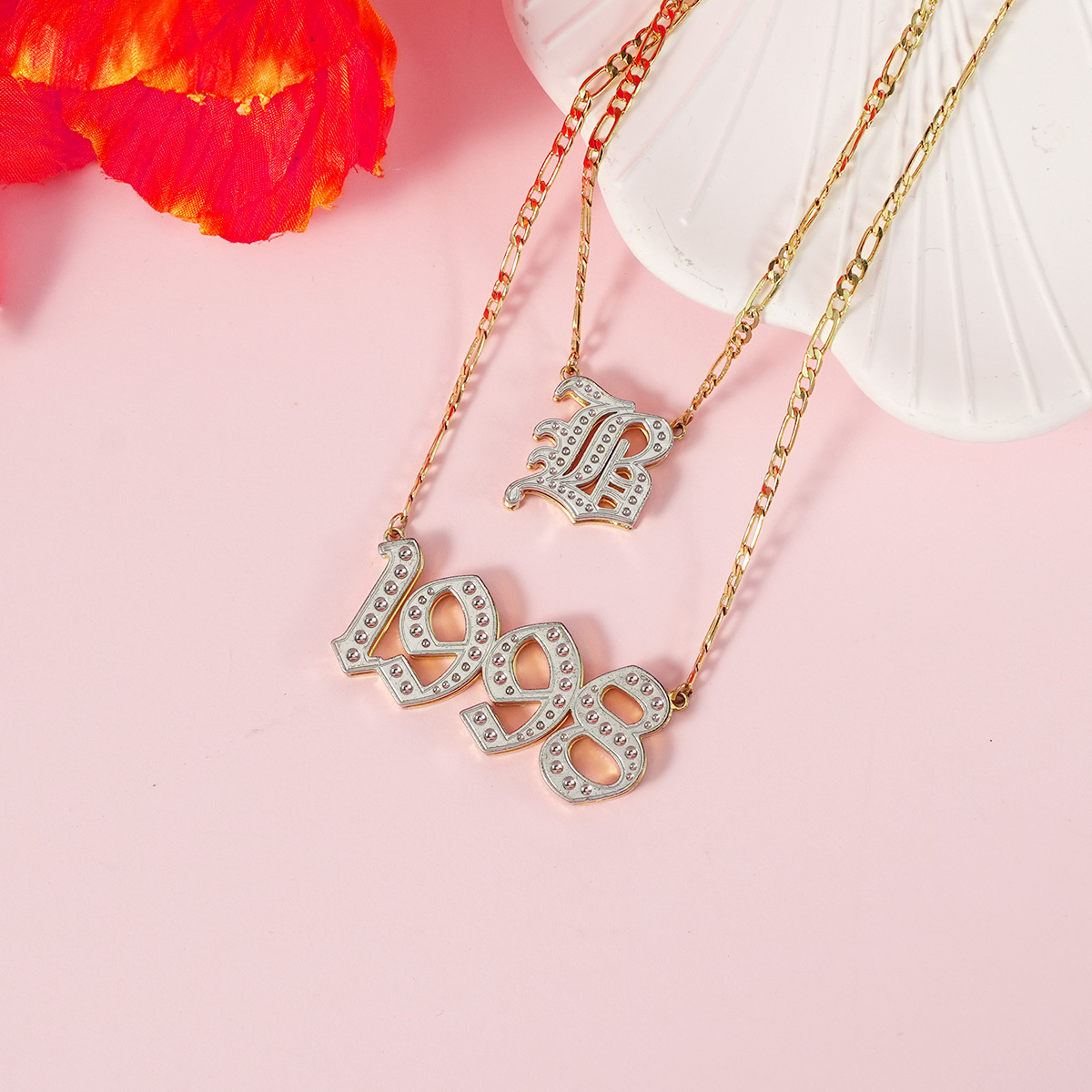 Double Layer Old English Personalized Initial Necklace And Birth Year Number Necklace