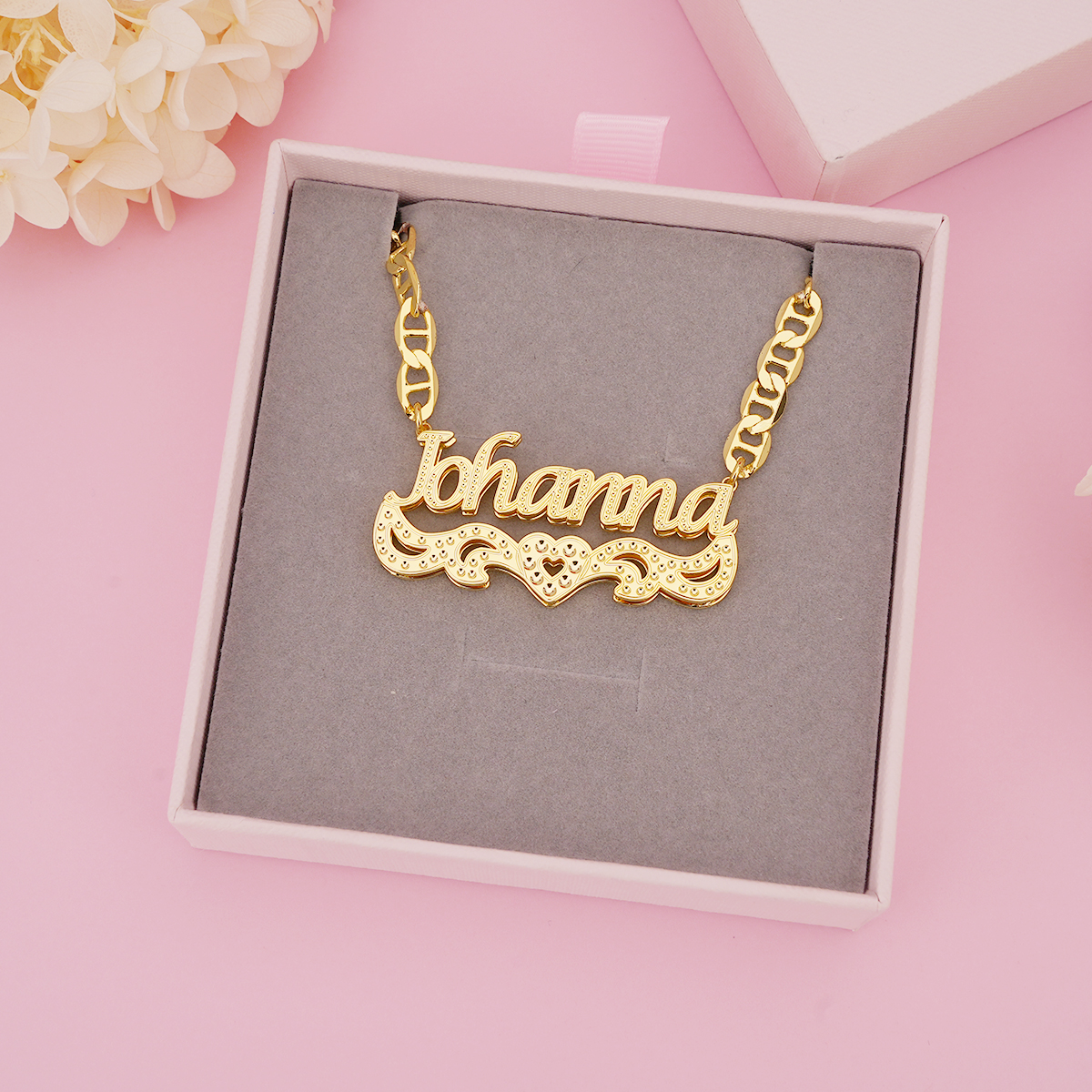 Double Layer Nameplate with Heart Mariner Chain Personalized Name Necklace 