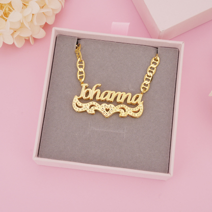 Double Layer Nameplate with Heart Mariner Chain Personalized Name Necklace 