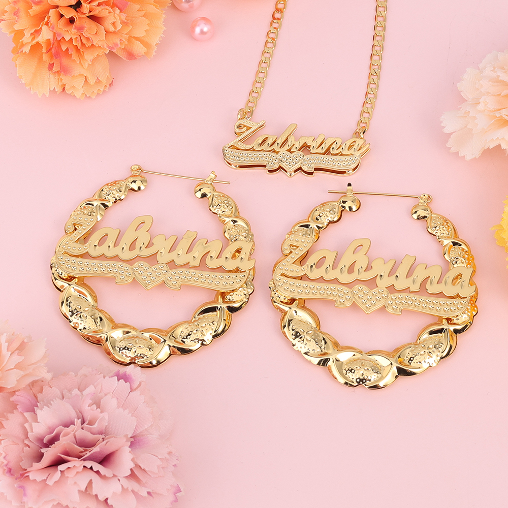 Double Plated Zircon Nameplated Pendant Personalized Name Necklace And Bamboo Earrings 2pcs Set