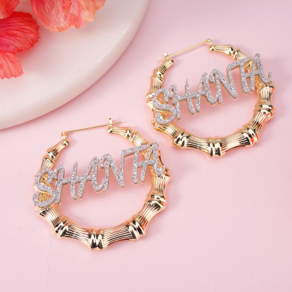 60mm Acrylic Nameplated Gold Plated Bamboo Earrings Personalized Name Earrings