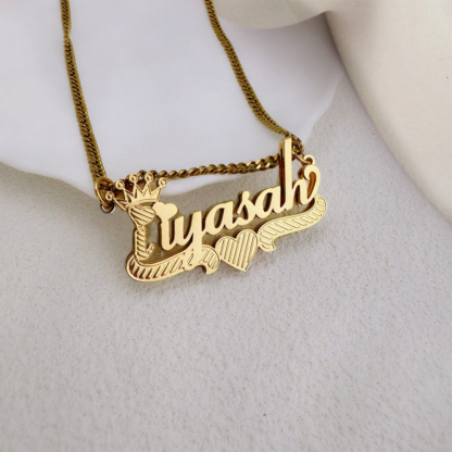 Double Layer Nameplate with Heart Crown Personalized 3D Name Necklace