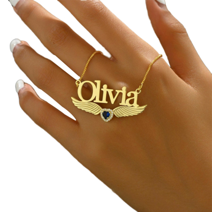 Angel Wings Personalized Birthstone With Name Necklace