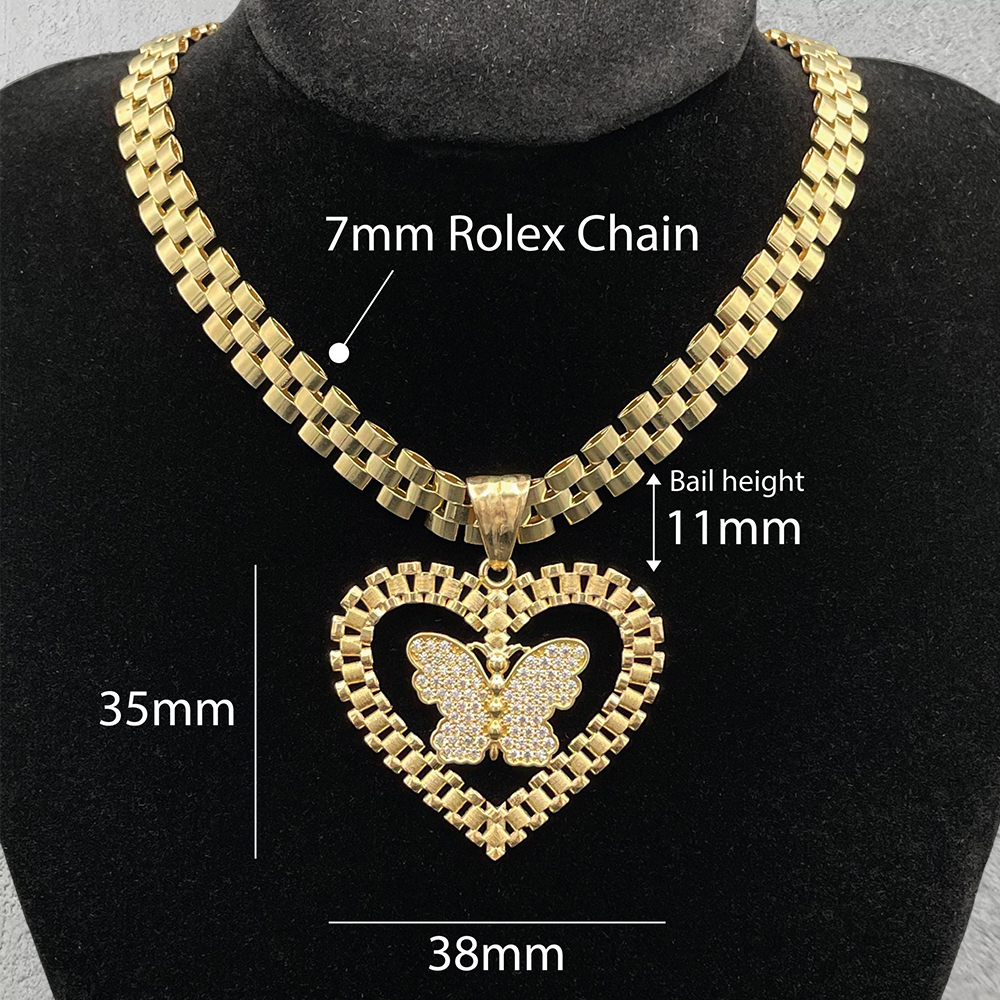 Heart Pendant With Butterfly Watch Band Chain Necklace
