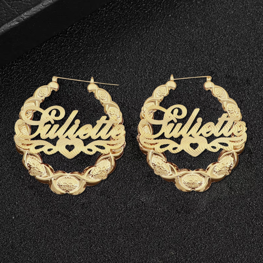 Custom XOXO Bamboo Hoop Name Earrings With Heart