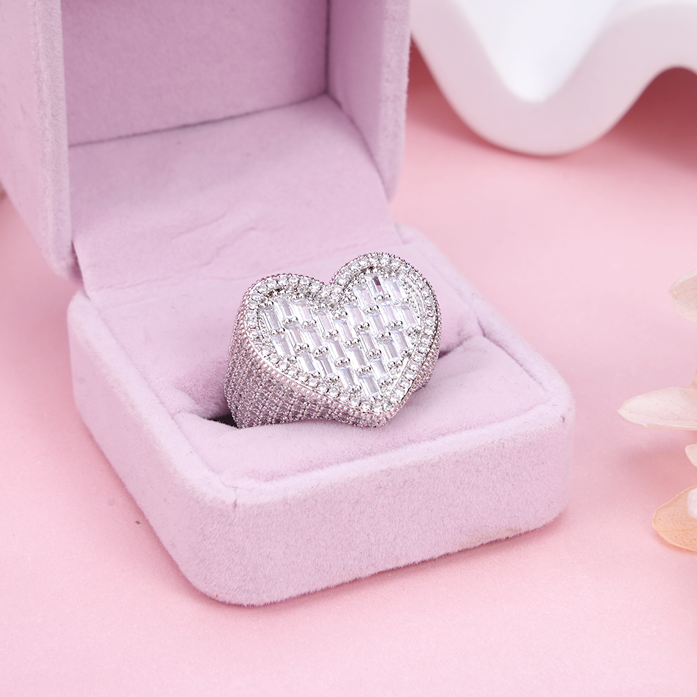 Love Heart Iced Out Diamond Baguette Heart Ring Gold Plated Cubic Zircon Ring Hip Hop Style