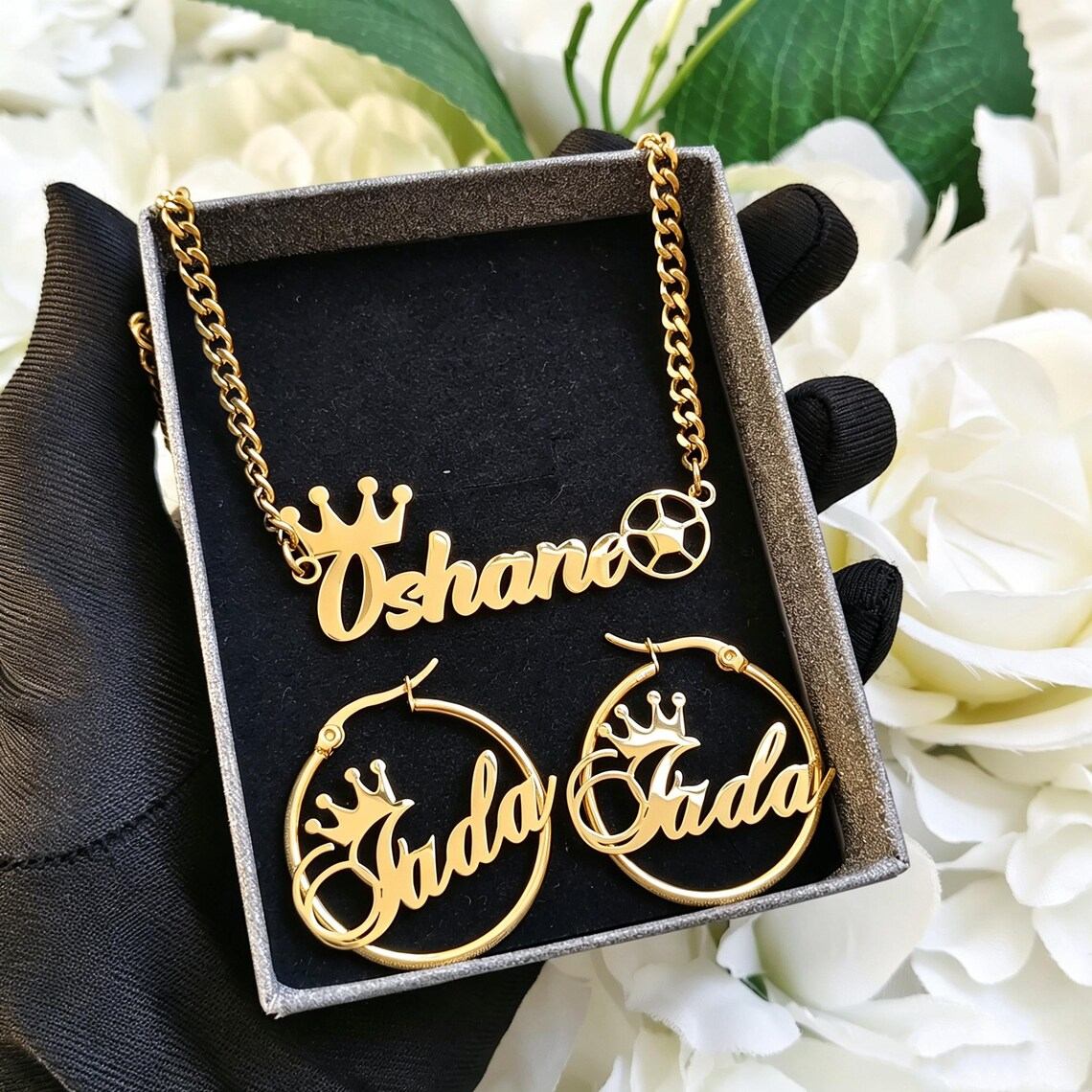 Personalized Crown and Soccer Football Name Necklace Earrings Jewelry Set