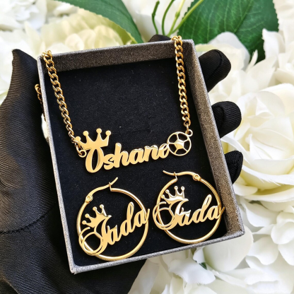 Personalized Crown and Soccer Football Name Necklace Earrings Jewelry Set