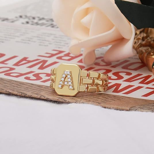 Zirconia Letter Watch Band Initial Ring Gold Plated