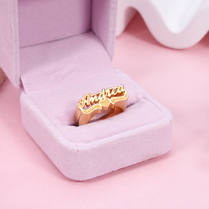 Two Tone Nameplate with Heart Personalized Custom Gold Plated Name Ring