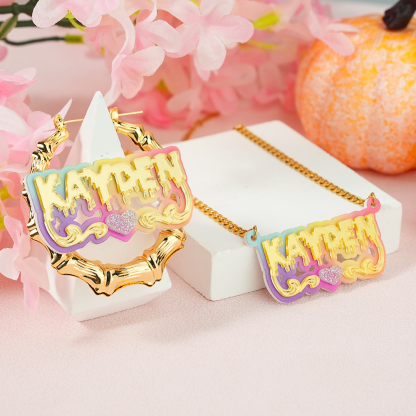 Personalized Heart Name Necklace and Name Hoop Earrings Halloween Gift