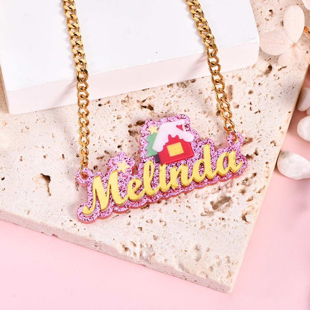Cute Christmas House Acrylic Cuban Chain Personalized Name Necklace