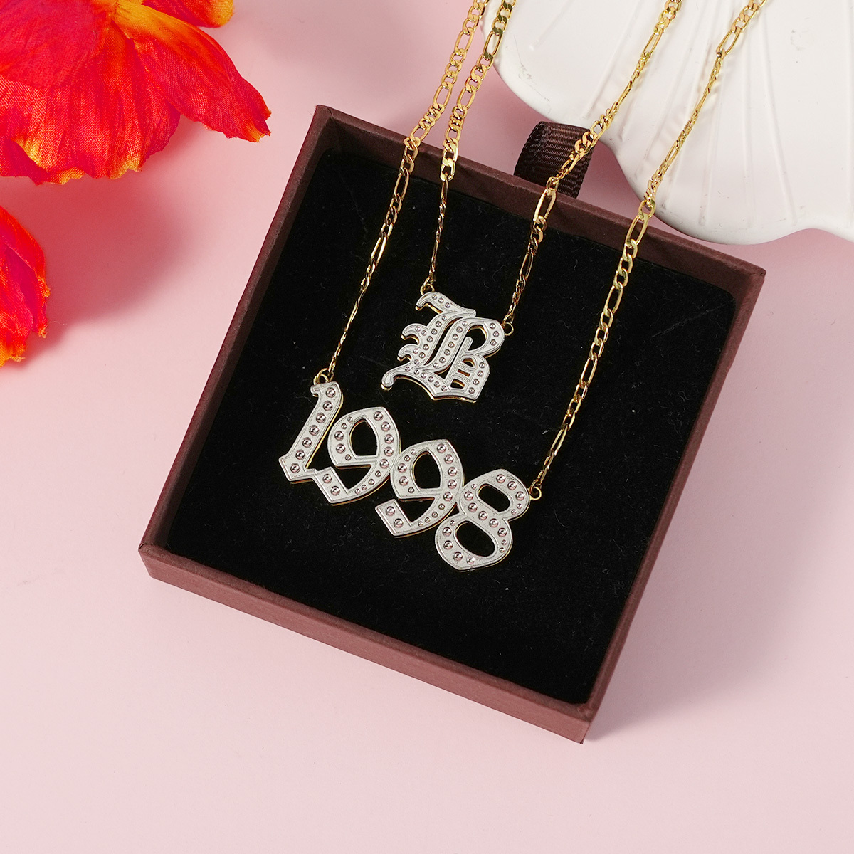Double Layer Old English Personalized Initial Necklace And Birth Year Number Necklace