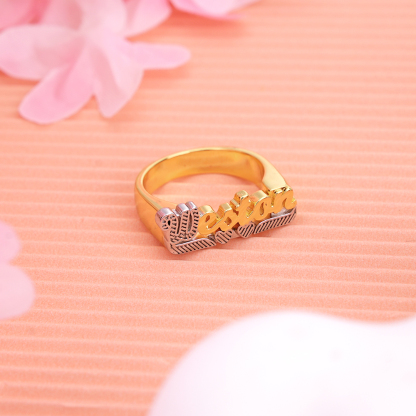 Two Tone Double Layer Nameplate Personalized Heart Name Rings