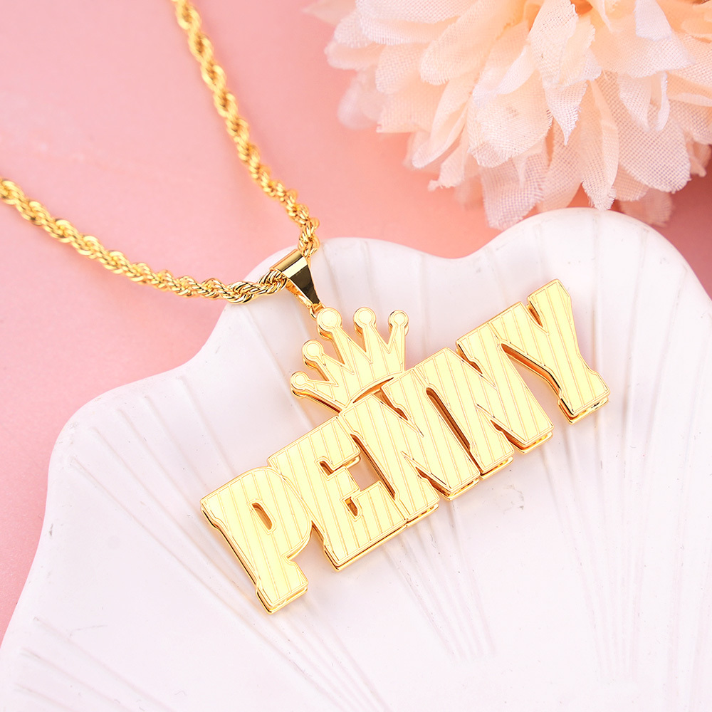 Hip Hop Double Layer Crown Nameplate Custom Gold Plated Name Necklace