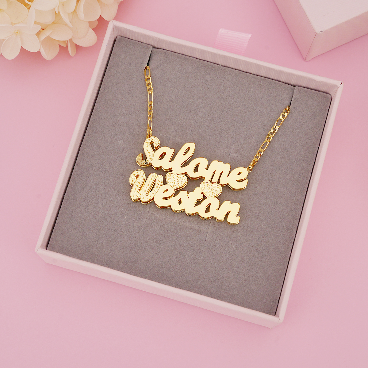 Double Layer 2 Names 2 Hearts Custom Gold Plated Couple Necklace