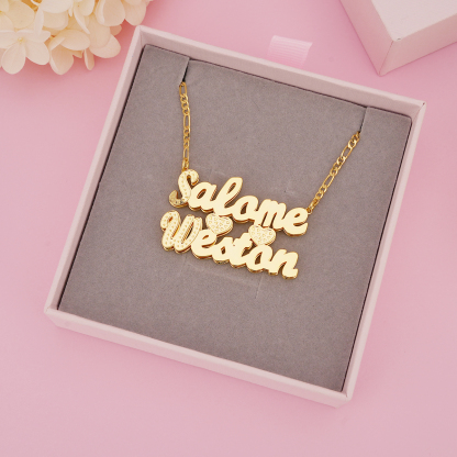 Double Layer 2 Names 2 Hearts Custom Gold Plated Couple Necklace