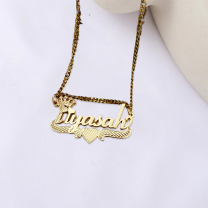 Double Layer Nameplate with Heart Crown Personalized 3D Name Necklace