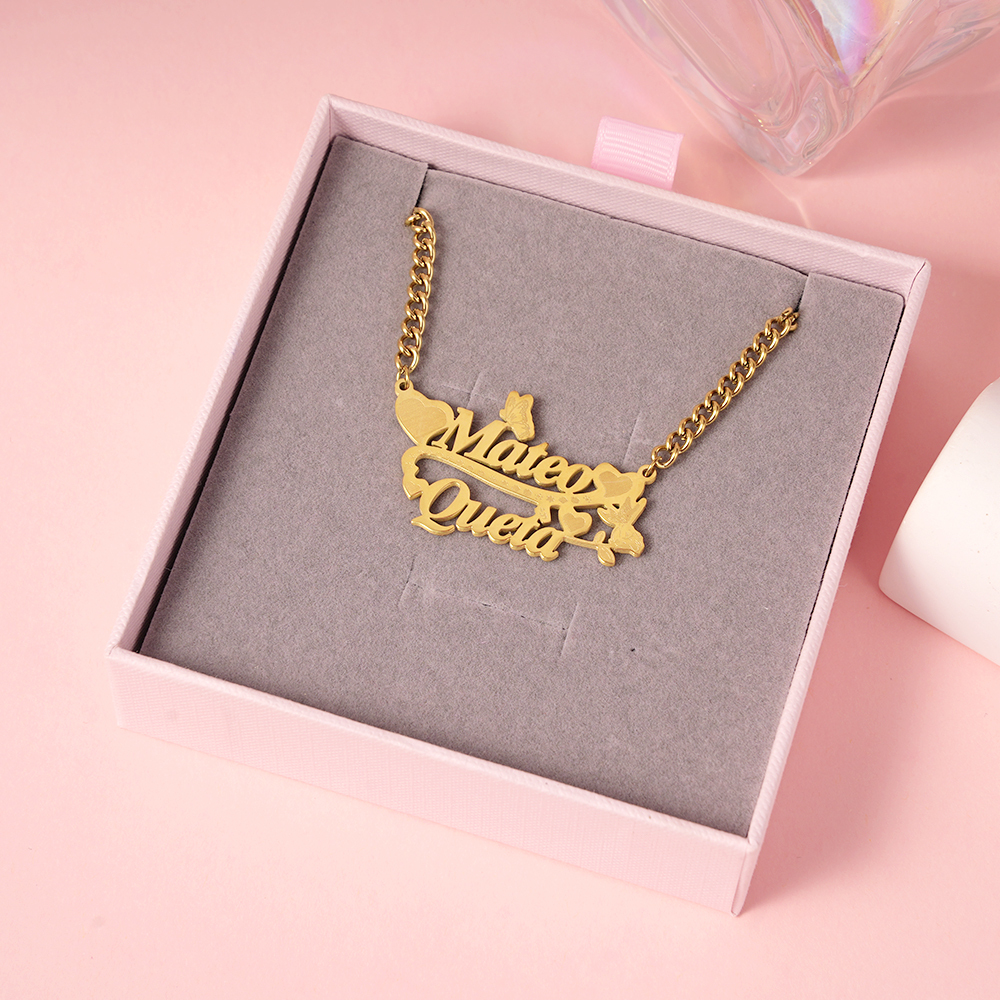 Heart Butterfly Nameplated Pendant Personalized Name Necklace Couple Necklace
