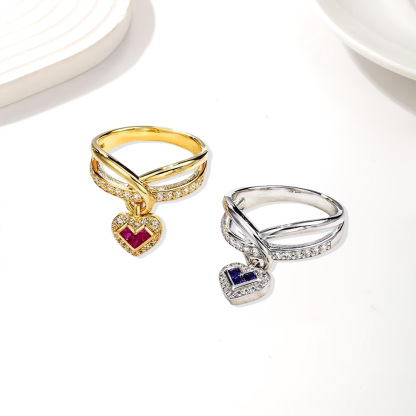 Heart Charms Ring With Birthstone Pendant