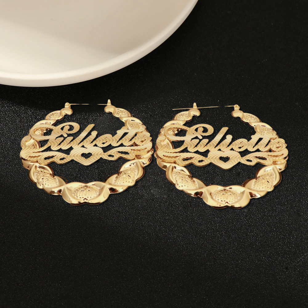 Custom XOXO Bamboo Hoop Name Earrings With Heart