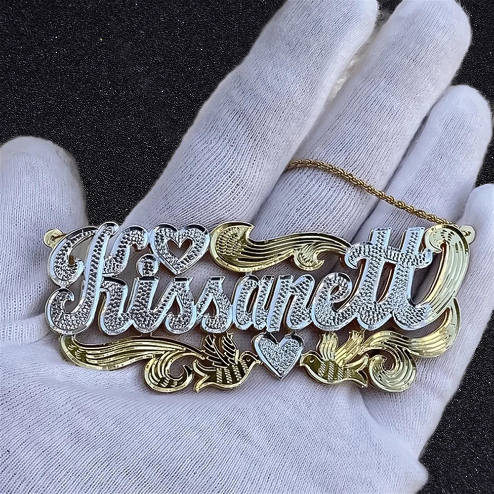 Double Plated Heart Bird Nameplate Necklace Gold Plated