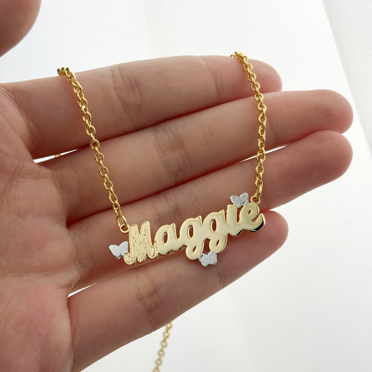 Personalized Two Tone Butterfly Nameplate Necklace