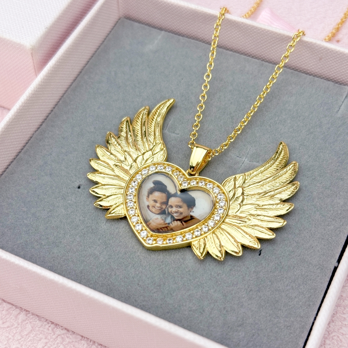 Heart Zircon Angel Wings Pendant Photo Necklace