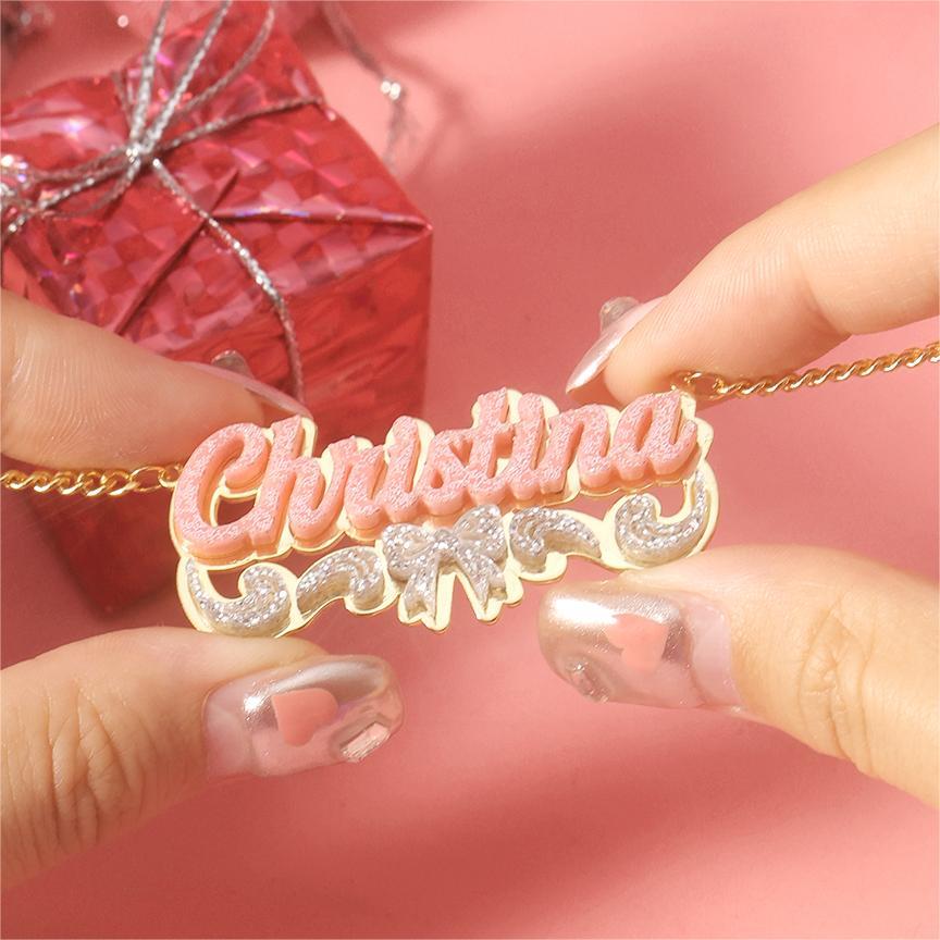Girls Bowknot Pink Acrylic Personalized Name Necklace with Heart