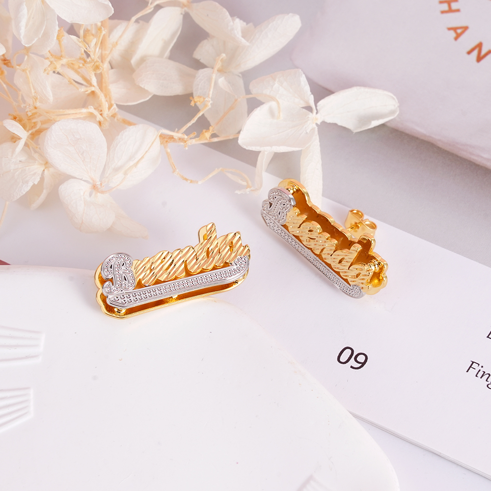 Double Plate Two Tone Nameplate Personalized Custom Gold Plated Name Earrings