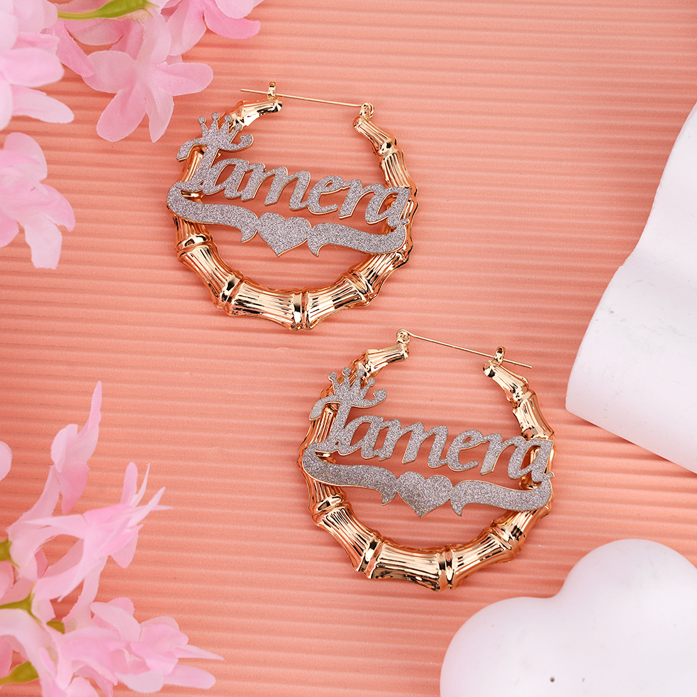 Two Tone Bamboo Crown Heart Bling Custom Name Earrings Gold Plated