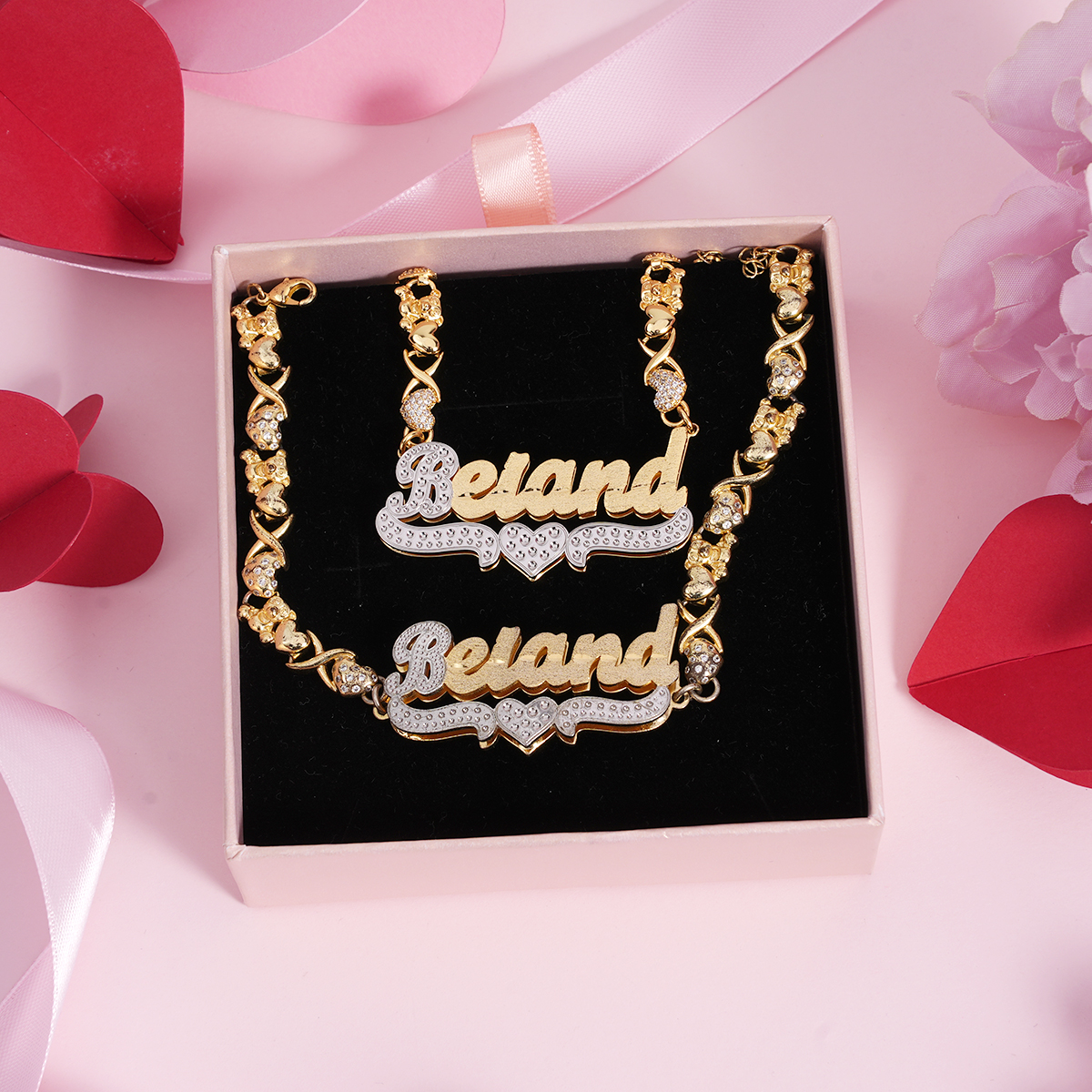 Double Layer Heart Teddy Bear XOXO Custom Name Necklace and Double Layer Heart Teddy Bear XOXO Custom Name Necklace and