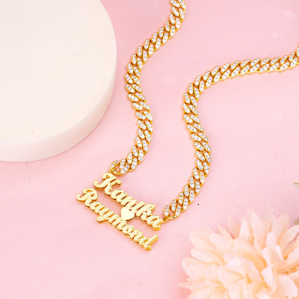 Iced Cuban Chain Two Names with Heart Custom Personalized Name Necklace Couple Gifts