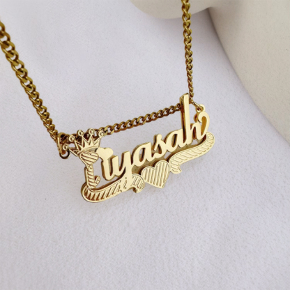 Double Layer Nameplate with Heart Crown Personalized 3D Name Necklace