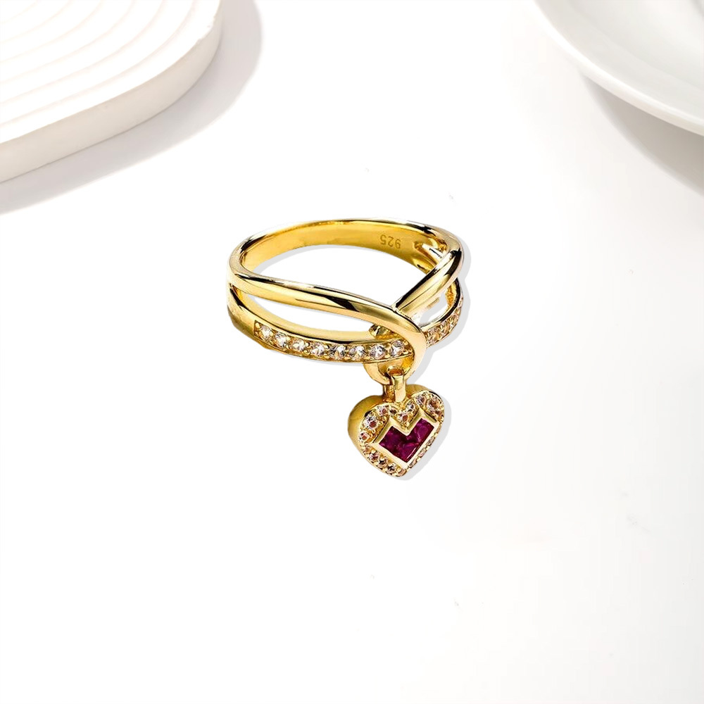 Heart Charms Ring With Birthstone Pendant