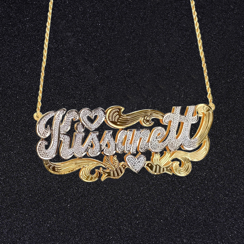 Double Plated Heart Bird Nameplate Necklace Gold Plated