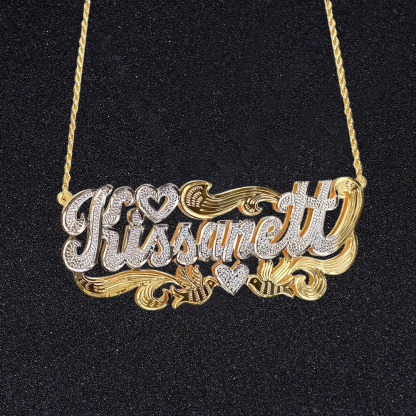 Double Plated Heart Bird Nameplate Necklace Gold Plated
