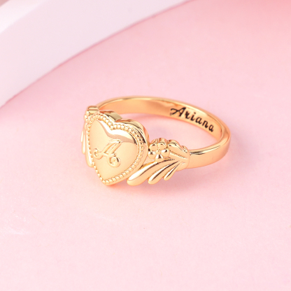 Gold Plated Cursive Initial Ring With Heart