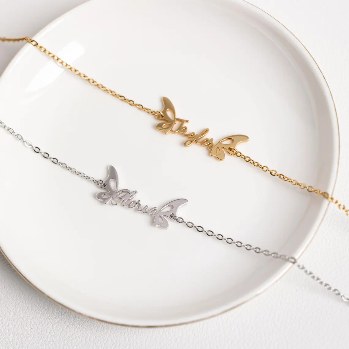 Personalized Butterfly Wings Nameplate Necklace Gold Plated