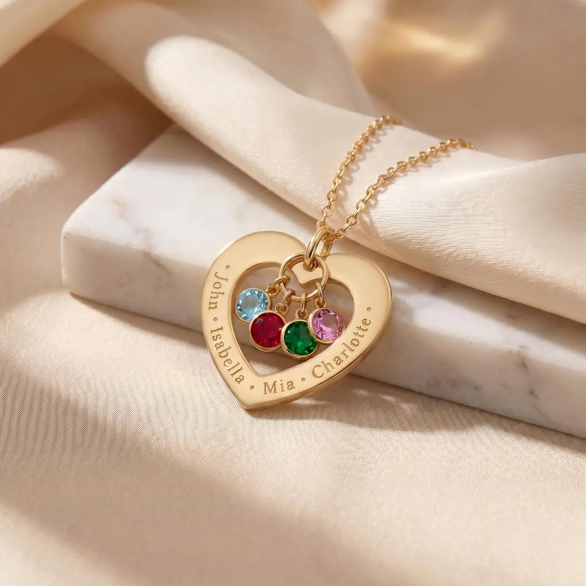 Custom Personalized 1-4 Names with Birthstones Engraved Heart Necklace
