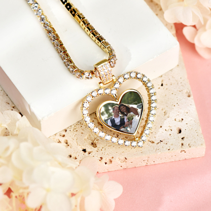 Tennis Chain Heart Shaped Personalized Custom Gold Plated Photo Pendant Necklace