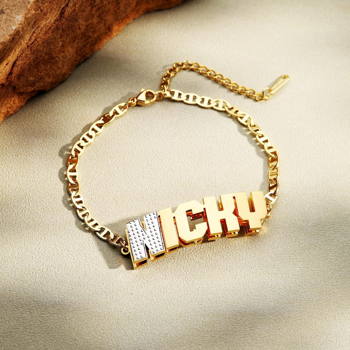 Mariner Chain Custom Two Tone Double Plate Letter Name Bracelet