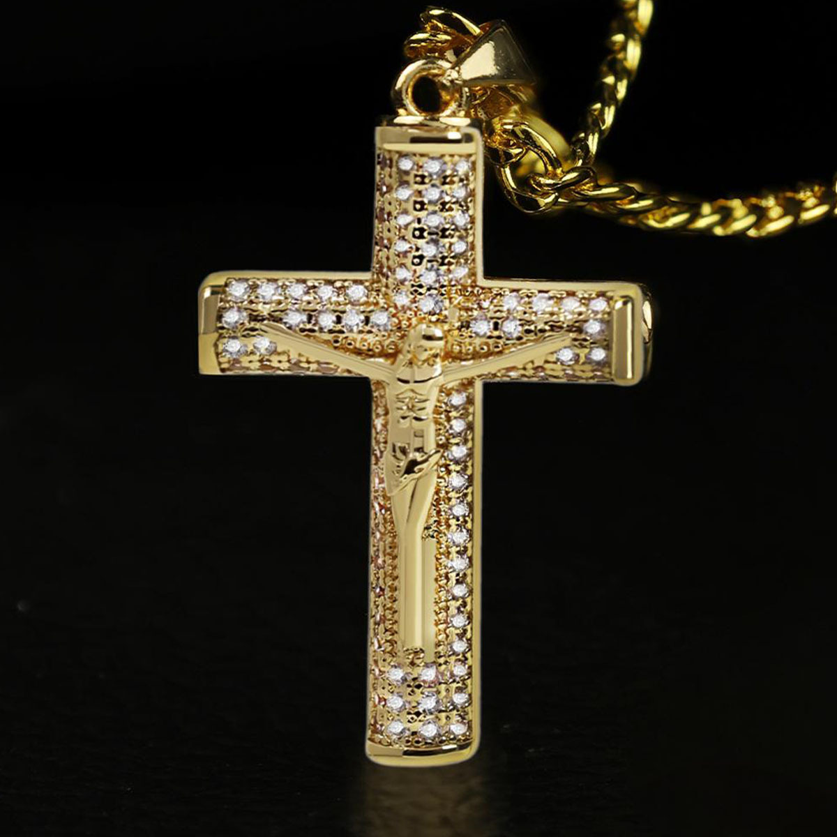 Zirconia Jesus Cross Pendant Necklace Gold Plated
