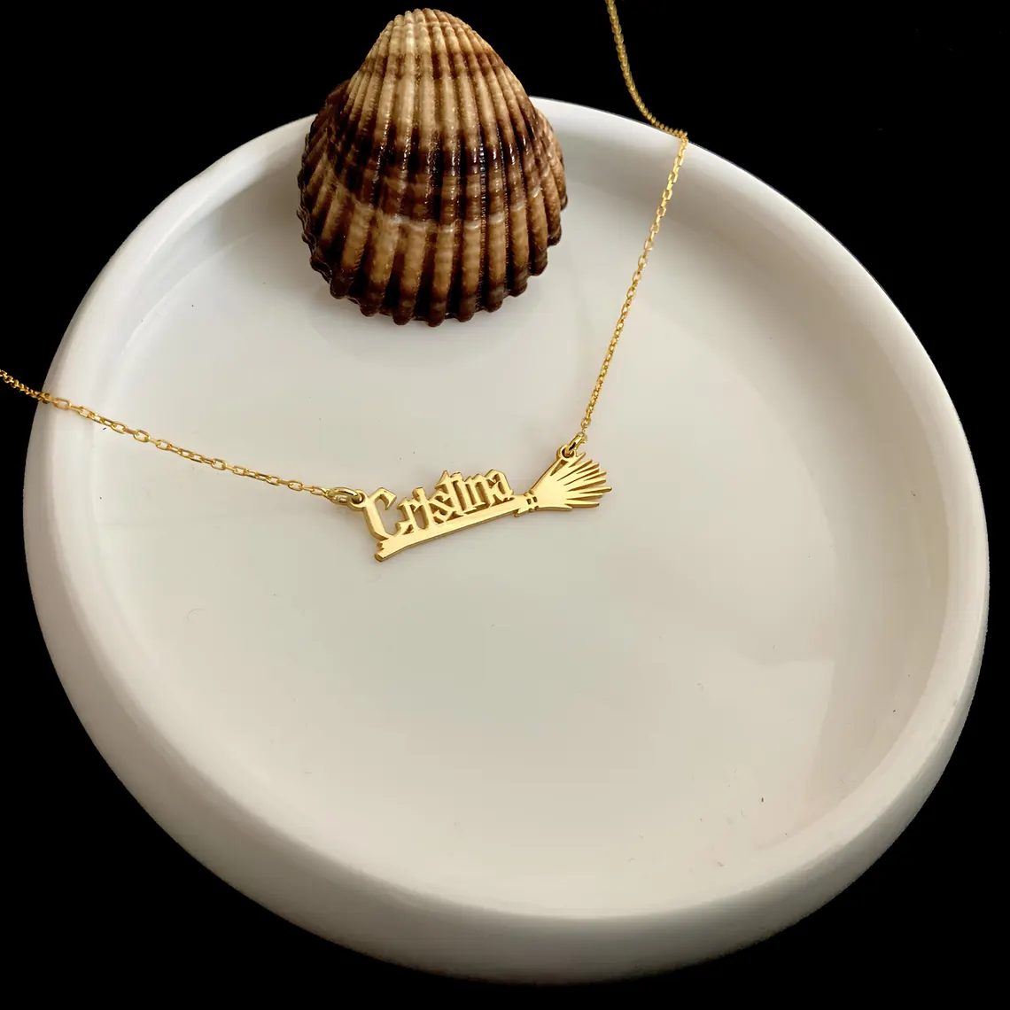Personalized Halloween Gold Plated Magic Witch Broom Name Necklace