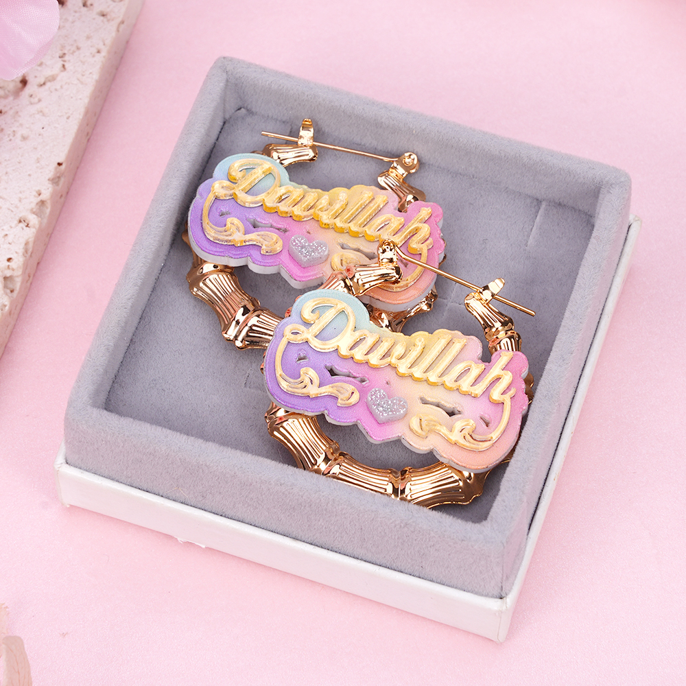 Personalized Colorful Acrylic Name with Heart Bamboo Hoop Earrings