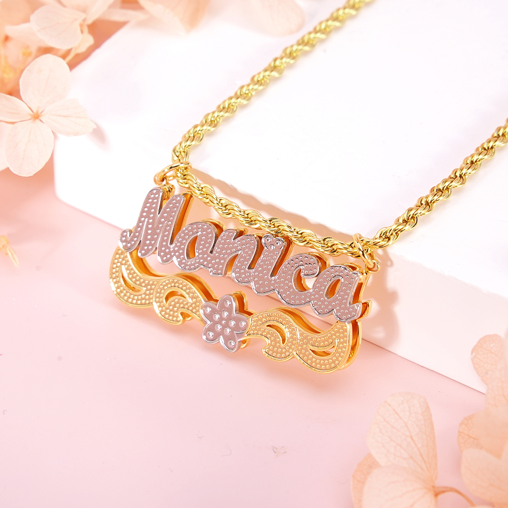 Double Plate Two Tone Flower Personalized Custom Name Necklace with Little Heart 