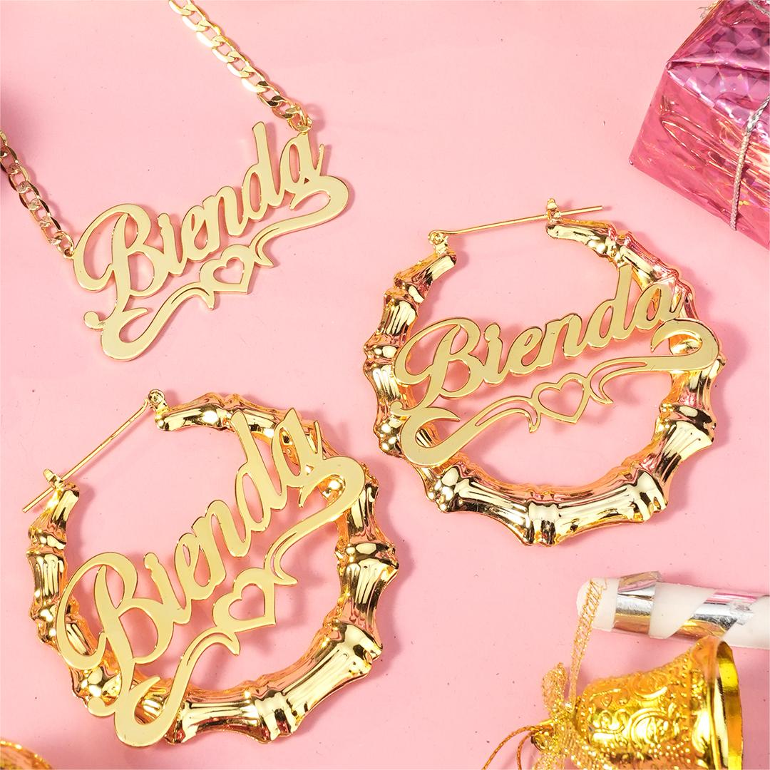 Personalized Double Plated Hollow Heart Name Necklace Bamboo Earrings Set