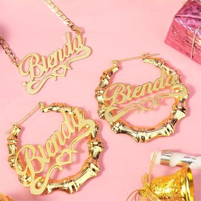 Personalized Double Plated Hollow Heart Name Necklace Bamboo Earrings Set