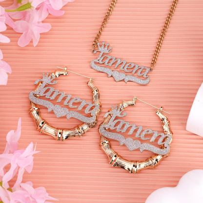 Crown Acrylic Heart Pendant Personalized Name Necklace And Name Earrings Set